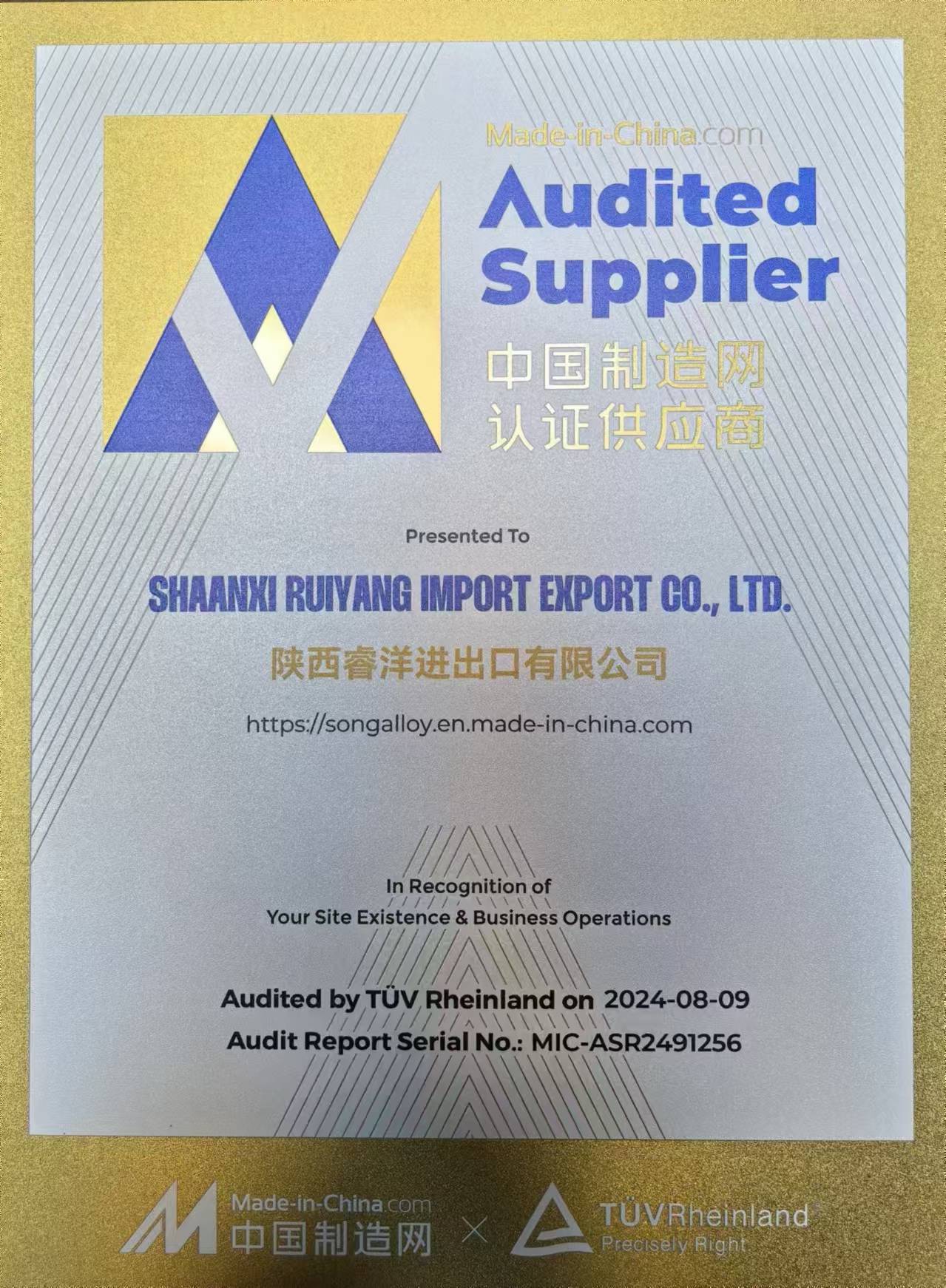 TUV audited Supplier